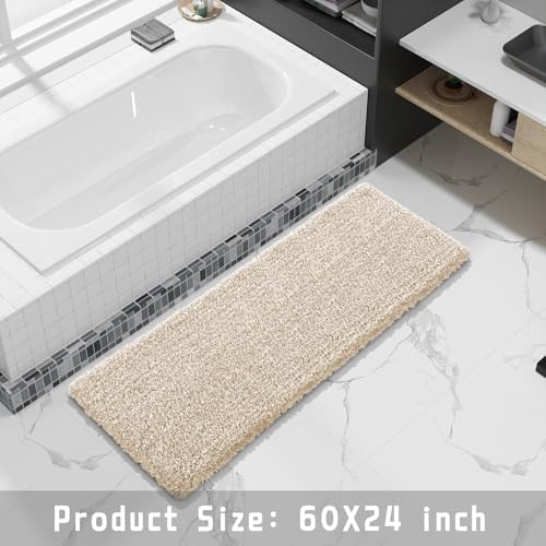 Yimobra Luxury Bathroom Rugs, Fluffy Bath Mats, Non Slip, Water Absorbent Microfiber, Machine Washable, Plush Runner Shower Rugs, Thick Matts for Bathroom Floor/Tub, 60" X 24", Light Beige and White