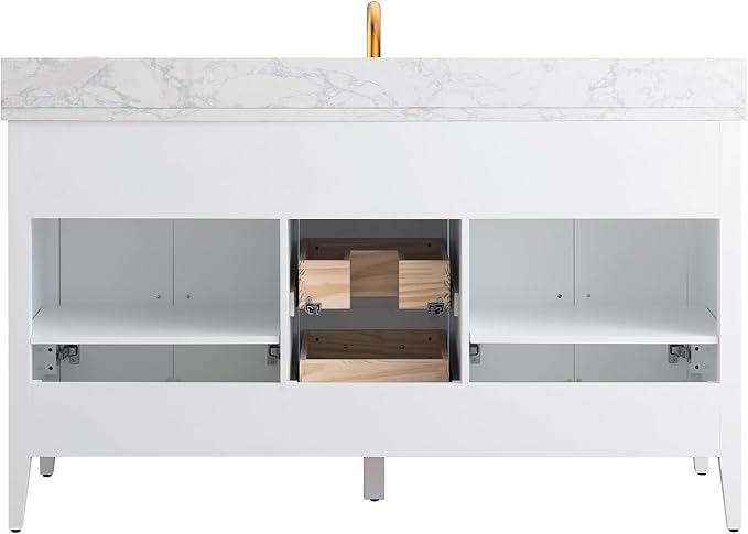 Vanity Art 60 inch Bathroom Vanity with Single Sink & Ceramic Top, Vanity Cabinet with Soft-Closing Doors, Drawers, Solid Wood Frame, White, VA9060-SW-BN1