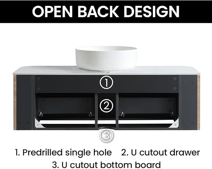 48" Preassembled Floating Bathroom Vanity with Round Sink, Oak | Mid-Century Modern Style, Fluted & Soft-Close Drawer with U-shaped Wall, Sinterted Stone Countertop, Towel Rack Included