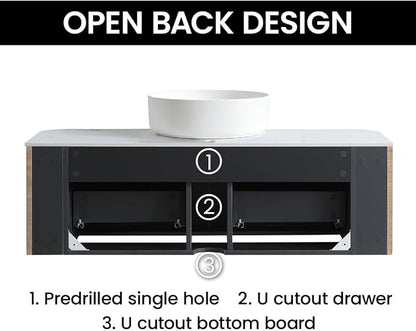 48" Preassembled Floating Bathroom Vanity with Round Sink, Oak | Mid-Century Modern Style, Fluted & Soft-Close Drawer with U-shaped Wall, Sinterted Stone Countertop, Towel Rack Included