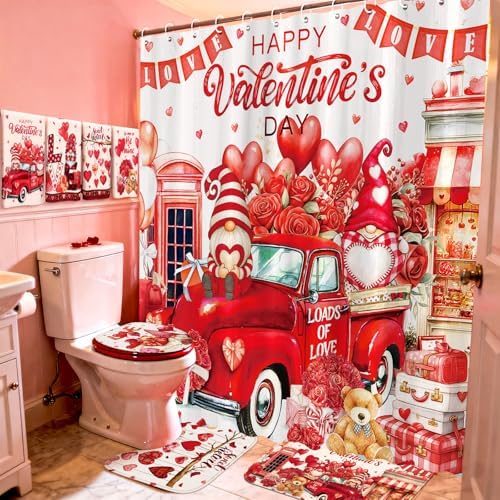 FuWeave 8 Pcs Valentines Shower Curtain Set Red Heart Sweet Love Romantic Bathroom Decor Valentines Day Gnome Waterproof Shower Curtain Towels Non Slip Rug Toilet Lid Cover Bath Mat with 12 Hooks