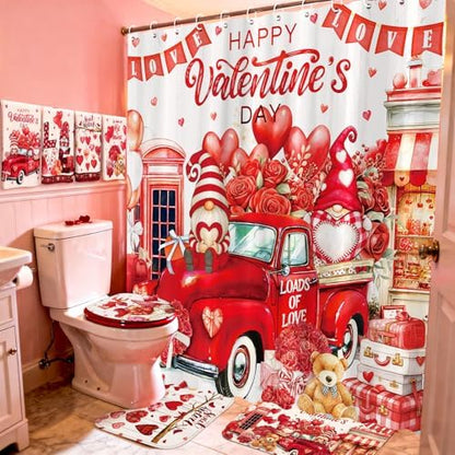 FuWeave 8 Pcs Valentines Shower Curtain Set Red Heart Sweet Love Romantic Bathroom Decor Valentines Day Gnome Waterproof Shower Curtain Towels Non Slip Rug Toilet Lid Cover Bath Mat with 12 Hooks