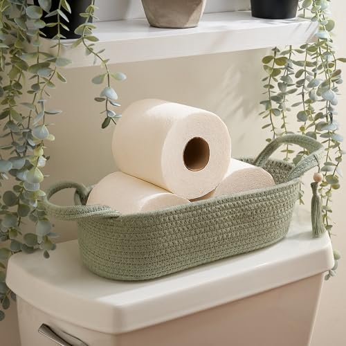 Decorative Toilet Paper Basket – Beautiful Bathroom Organizer for Toilet Tank Storage Decor – Boho Cotton Rope Bin with Tassel for Bathroom Accessories and as Shelf Decor (sage Green)