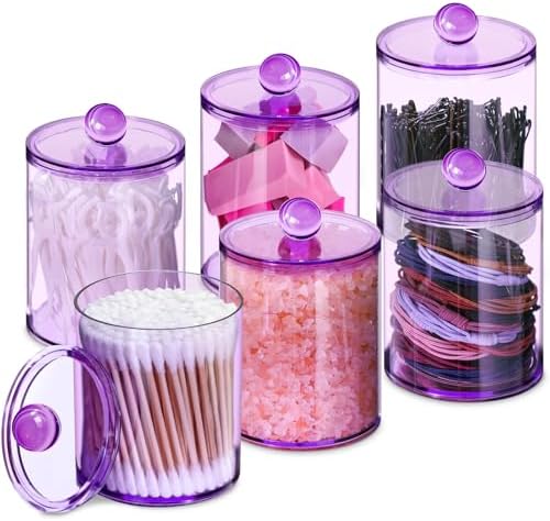 6 Pcs Acrylic Qtip Holder, Cotton Ball Holder Jars with Lids, Purple