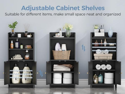 BEWISHOME Bathroom Storage Cabinet,Small Floor Cabinet,Toilet Paper Cabinet | with 2 Doors and Shelves, Bathroom Organizers and Storage for Small Spaces, Black 7.9" D x 14.6" W x 31" H YYG08B