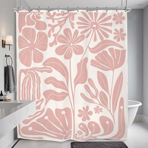 Pink Matisse Flower Shower Curtain 60Wx72L Inch Abstract Retro Aesthetic Minimalist Vintage Art 70s Trendy Modern Bathroom Set Accessories Decor with 12 Pack Hooks