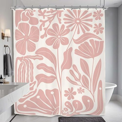 Pink Matisse Flower Shower Curtain 60Wx72L Inch Abstract Retro Aesthetic Minimalist Vintage Art 70s Trendy Modern Bathroom Set Accessories Decor with 12 Pack Hooks