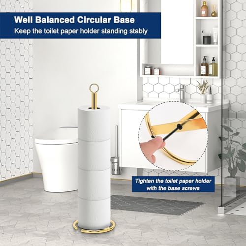 NearMoon Bath Toilet Paper Holder Stand, Freestanding Tissue Paper Storage with Reserve, Space Toilet 4 Rolls Holder for Bathroom/Kitchen Countertop-All Metal (2 Pack, Chrome Gold)
