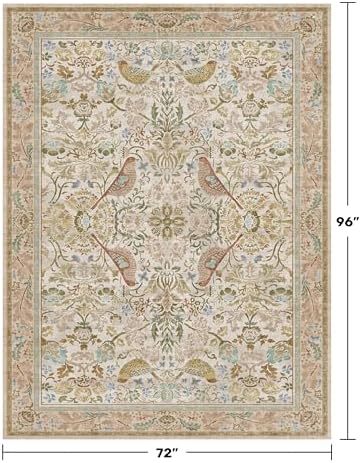 Washable Area Rugs 6x8 for Living Room - Western Nature Rugs for Bedroom, Dining Room, Playroom, Guest Room with Boho Beige Neutral Botanical & Bird Pattern, Non Slip Stain Resistant Low Pile