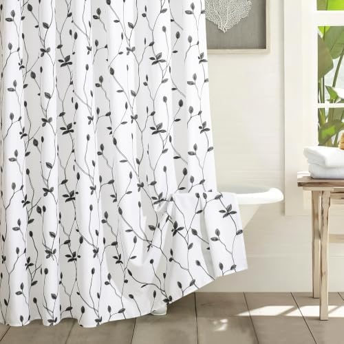 Embroidered Leaf Farmhouse Shower Curtain,Faux Linen,72Wx72L,White Black