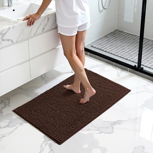 SUBRTEX Bathroom Rugs, 24" x 36" Chenille Bath Rug Soft Short Plush Bath Mat Soft Shower Mat Water Absorbent Shower Mat Quick Dry Machine Washable, Chocolate