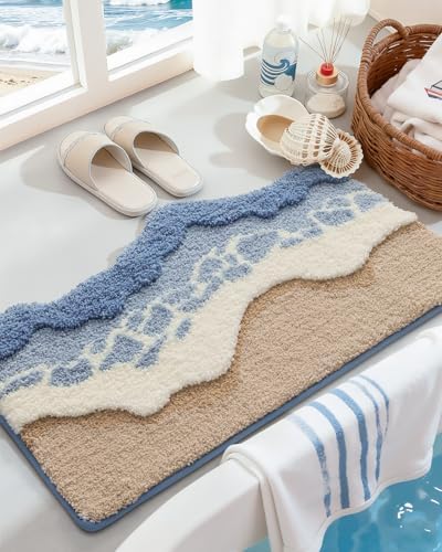 DEXI Cute Bath Mat, Sea Ocean Wave Bathroom Rugs, 34x21 Blue