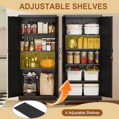 71" Metal Garage Storage Locker Cabinet with Wheels,Rolling Black Farmhouse Kitchen Pantry Cabinet with 2 Doors and 4 Adjustable Shelves, Steel File Tool Cabinet for Home Office Warehouse