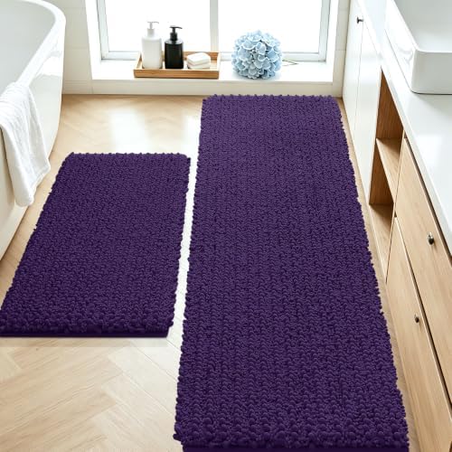 ACCUMTEK Upgrade Luxury 2 Piece Dark Purple Toilet Bathroom Rug Mat 60"x20"+32"x20", Ultra Soft Thick Absorbent Bath Mats, Non Slip Chenille Toilet Mat for Bathroom, Bedroom, Kitchen, Shower, Tub