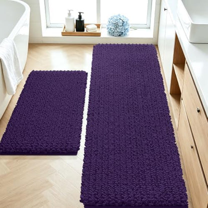 ACCUMTEK Upgrade Luxury 2 Piece Dark Purple Toilet Bathroom Rug Mat 60"x20"+32"x20", Ultra Soft Thick Absorbent Bath Mats, Non Slip Chenille Toilet Mat for Bathroom, Bedroom, Kitchen, Shower, Tub