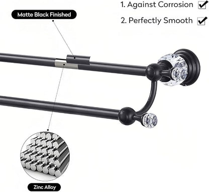 Crystal Black Towel Holder Double Adjustable Towel Bar 13 to 25 Inch, Towel Rack Rail for Bathroom Wall Mounted