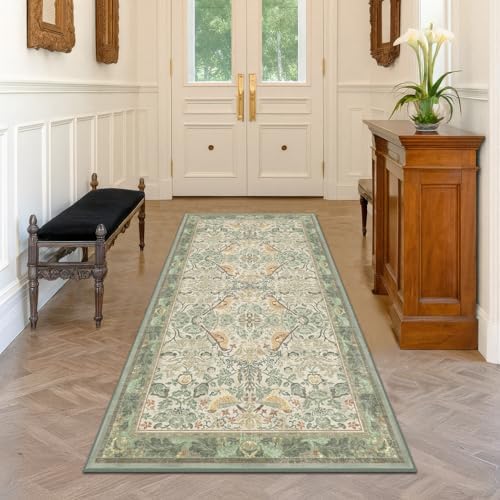 Large Entryway Rugs Indoor - 3x6 Sage Washable Soft Area Rugs for Kitchen, Bedroom Bedside, Living Room, Door Mat Indoor Entrance, Hallway, Beige Woodland Flowers, Non Slip Stain Resistant Low Pile