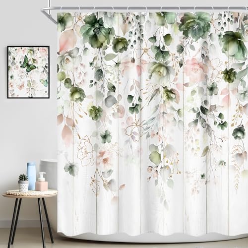 Rustic Green Pink Floral Eucalyptus Leaves Bathroom Shower Curtain Set