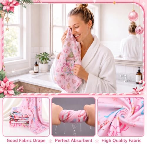FuWeave 8 Pcs Pink Santa Christmas Shower Curtain Set for Bathroom with Xmas Snowman Shower Curtain Towels Non Slip Rugs Toilet Lid Cover Bath Mat and 12 Hooks for Christmas Bathroom Decor