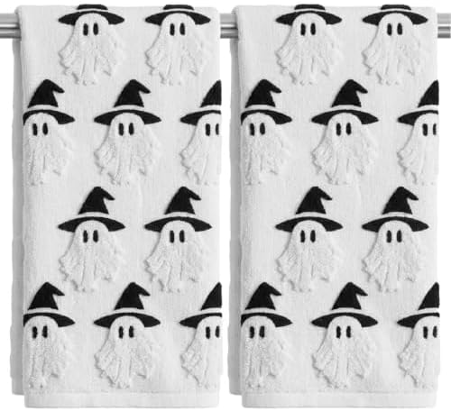 2 Pack Halloween Hand Towels 100% Cotton Jacquard Ghost Halloween Kitchen Towels White Bathroom Towels Set Seasonal Bathroom Decor (Cute Ghost, Halloween)
