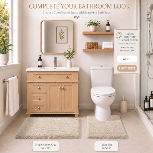 Yimobra Bathroom Rugs Non Slip Washable 36X24, Ultra Soft and Water Absorbent Bath Mats, Plush Fluffy Shower Mat Outside, Luxury Microfiber Thick Matts for Bathroom Floor/Tub, Light Beige and White