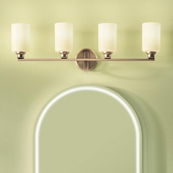 Kichler Gioe 32.25" 4-Light Vanity Light with Opal Glass in Champagne Bronze, Damp Rated, for Bathroom, Powder Room, Over a Mirror, (32.25" W x 10.5" H), 55227CPZ