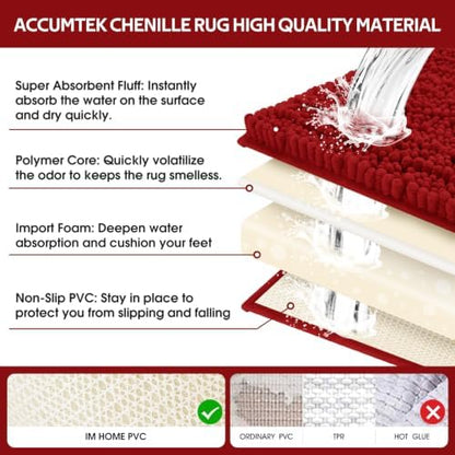 ACCUMTEK Upgrade Extra Large Red Bathroom Rug Set 3 Pieces Ultra Soft, Thick Absorbent Bath Mats, Non Slip Chenille Toilet Mat for Bathroom, Bedroom, Kitchen