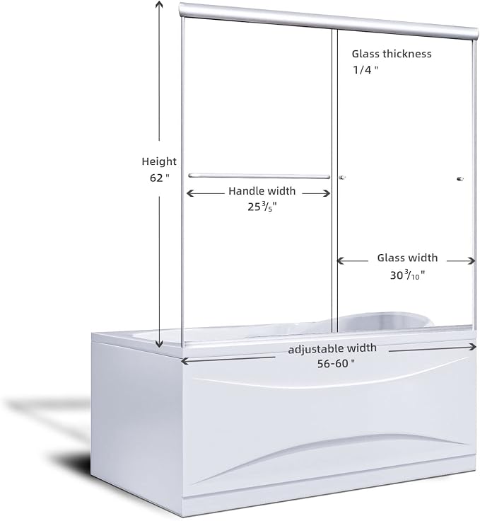 SUNNY SHOWER Glass Sliding Shower Door for Bathtub 60 W x 57.4 H inches Double Sliding Shower Bath-Tub Door 1/4 inches Clear Glass Shower Enclosure Doors for Bathroom with Brushed Nickel Finish