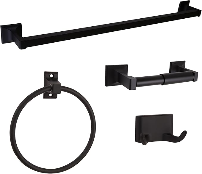 Design House Millbridge 4-Piece Bathroom Accessory Set, Matte Black, Includes Towel Bar, Towel Ring, Toilet Paper Holder, and Robe Hook – Design House, 534628