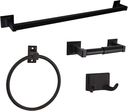 Design House Millbridge 4-Piece Bathroom Accessory Set, Matte Black, Includes Towel Bar, Towel Ring, Toilet Paper Holder, and Robe Hook – Design House, 534628