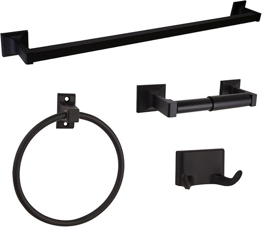 Design House Millbridge 4-Piece Bathroom Accessory Set, Matte Black, Includes Towel Bar, Towel Ring, Toilet Paper Holder, and Robe Hook – Design House, 534628