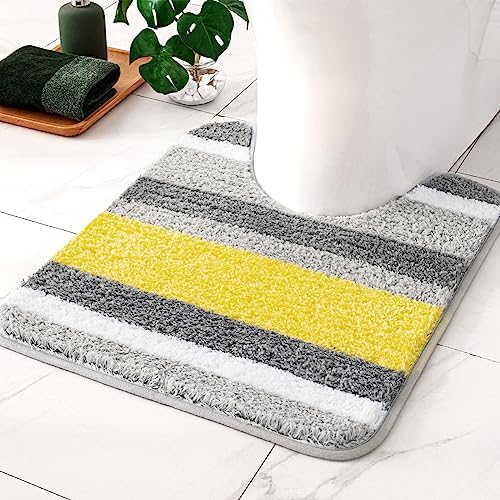 MIULEE Yellow Grey Bathroom Toilet Rugs U-Shaped, Soft Thick Microfiber Striped Contour Rugs, Non Slip Absorbent Fluffy Plush Machine Washble Quick Dry, 20x24 Inch