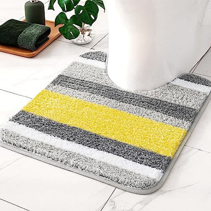 MIULEE Yellow Grey Bathroom Toilet Rugs U-Shaped, Soft Thick Microfiber Striped Contour Rugs, Non Slip Absorbent Fluffy Plush Machine Washble Quick Dry, 20x24 Inch