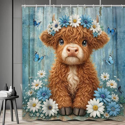 Cute Cow Shower Curtain, Farmhouse Rustic Blue Floral Daisy Highland Cow Shower Curtains for Bathroom, Calf Country Farm Animal Garden Plant Fabric Bathroom Decor with Hooks, 70x75 inch
