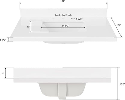 ARIEL 36 inch Bathroom Vanity top with Sink, 1.5 Inch Thick Miter Edge White Quartz top, Rectangle Single Porcelain Sink, Includes Backsplash