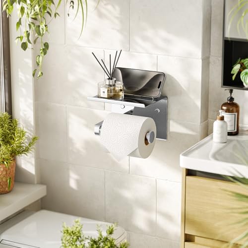 Tindbea Toilet Paper Holder with Phone Shelf, Adhesive or Screw Wall Mount Toilet Tissue Roll Holder, Rustproof & Multifunctional Stainless Steel Bathroom Storage Dispenser (Polished Chrome)