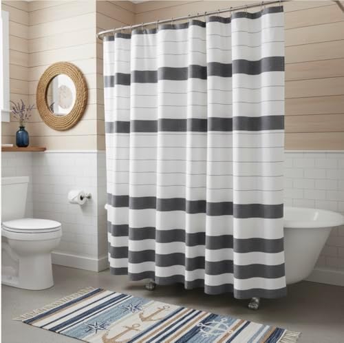 Serafina Home Nautical Striped Denim Blue & White Cotton Shower Curtain