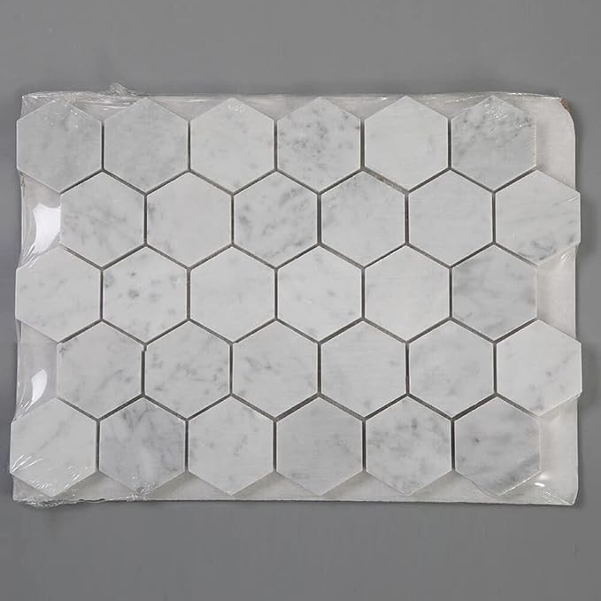 Carrara White Marble Mosaic Tile, 2 Inch Hexagon, Matte, Italian Bianco Carrera Marble Backsplash Tiles for Kitchen Bathroom Wall Floor, Pack of 5 Sheets | Natural Bianco Carrera, Marble Stone Backsplash Tiles for Kitchen, Bathroom, Shower Wall and Floor