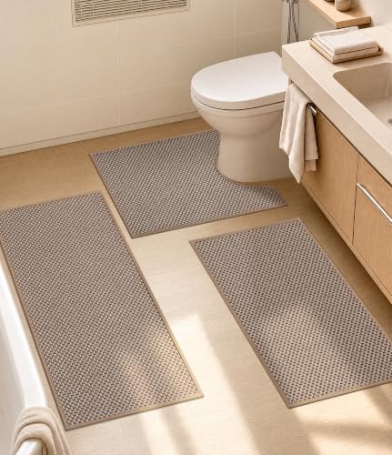 YIHOUSE Khaki Bathroom Rugs Sets 3 Pieces,Thin Bath Mat Quick Dry