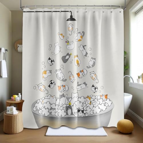 Cute Cat Shower Curtain Kids Animal Cartoon Bathroom Decor, Waterproof Cloth Fabric with Hooks 60" W x 72" L