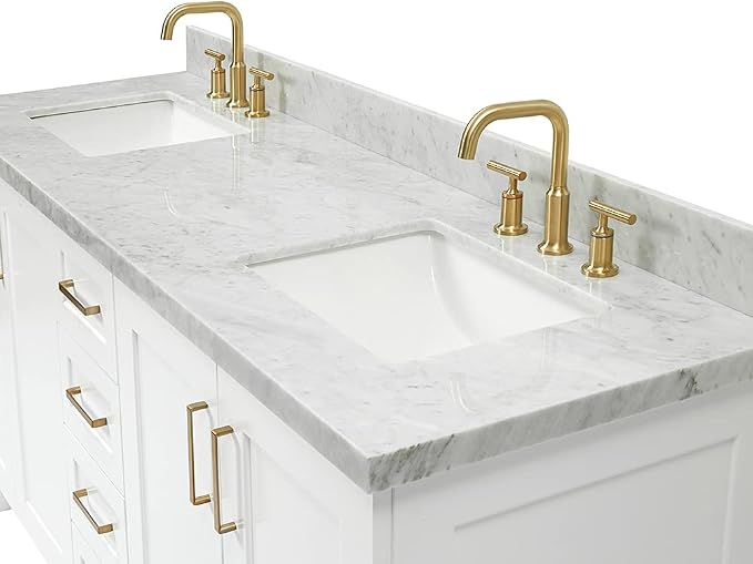 ARIEL 73" White Double Vanity, 1.5" Edge Italian Carrara Marble Countertop & Splash, Rectangular Sink, 4 Soft Closing Doors, 6 Full Extension Dovetail Drawers, Toe Kick, Satin Brass