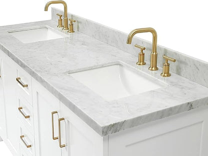 ARIEL 73" White Double Vanity, 1.5" Edge Italian Carrara Marble Countertop & Splash, Rectangular Sink, 4 Soft Closing Doors, 6 Full Extension Dovetail Drawers, Toe Kick, Satin Brass