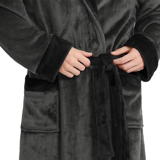 Yurhap Luxury Mens Robe with Hood, Ultra Cozy Fleece Bathrobe for Men, Plush Hooded Robe with Belt & 2 Pockets
