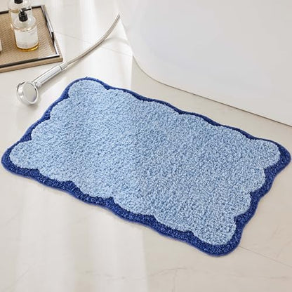 Ohocut Luxury Microfiber Bathroom Rugs, Navy Scalloped Piping Blue Bath Rug Cute Aesthetic Coastal Nautical Bath Mat for Bathroom, Tub, Floor, Sink, Shower, Anti Slip, Absorbent, 26x16