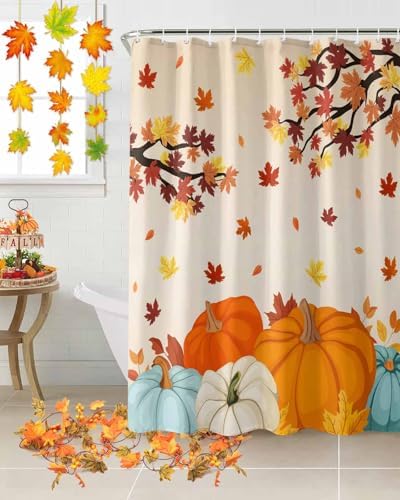 Shower Curtain Bathroom Set Fall Thanksgiving Pumpkin Maple Leaf Waterproof Shower Curtains with Grommets Hooks Orange Gradient Privacy Bath Curtain for Bathtub Decor 36x72in