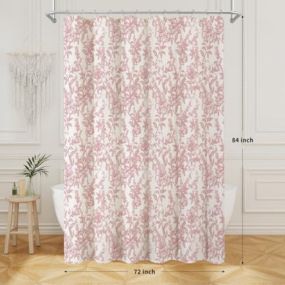 Pink Boho Linen Fabric Shower Curtain , Farmhouse Floral For Bathroom