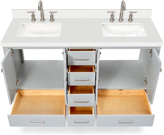 ARIEL Cambridge 60-inch Bathroom Vanity with Sink,Solid Wood, 1.5-inch Pure White Quartz Countertop & Backsplash, Double Rectangular Porcelain Sink, 4 Soft Closing Doors, 6 Dovetail Drawers, Grey