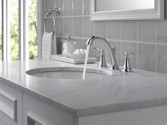 Delta Woodhurst Chrome Bathroom Faucet 3 Hole, 8 Inch Widespread Bathroom Sink Faucet for Vanity, Metal Push-Pop Drain Assembly, Chrome 3532LF