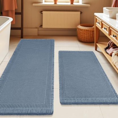 Upgrade Waffle Bath Mat Set 2 Piece, Boho Bathroom Rugs Absorbent Non Slip, Ultra Soft Bathroom Mat, Machine Washable Knit Bath Rugs with Border for Bathroom, Bedroom, Kitchen, Shower, Tub, Blue