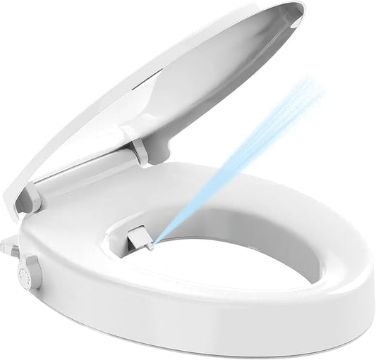 Raised Bidet Toilet Seat Elongated 18.5" – Soft Close, Dual Self-Cleaning Nozzles, Quick Release & Connect, Sturdy PP, Won't Loosen, Ideal for Seniors, Elderly & Limited Mobility, White